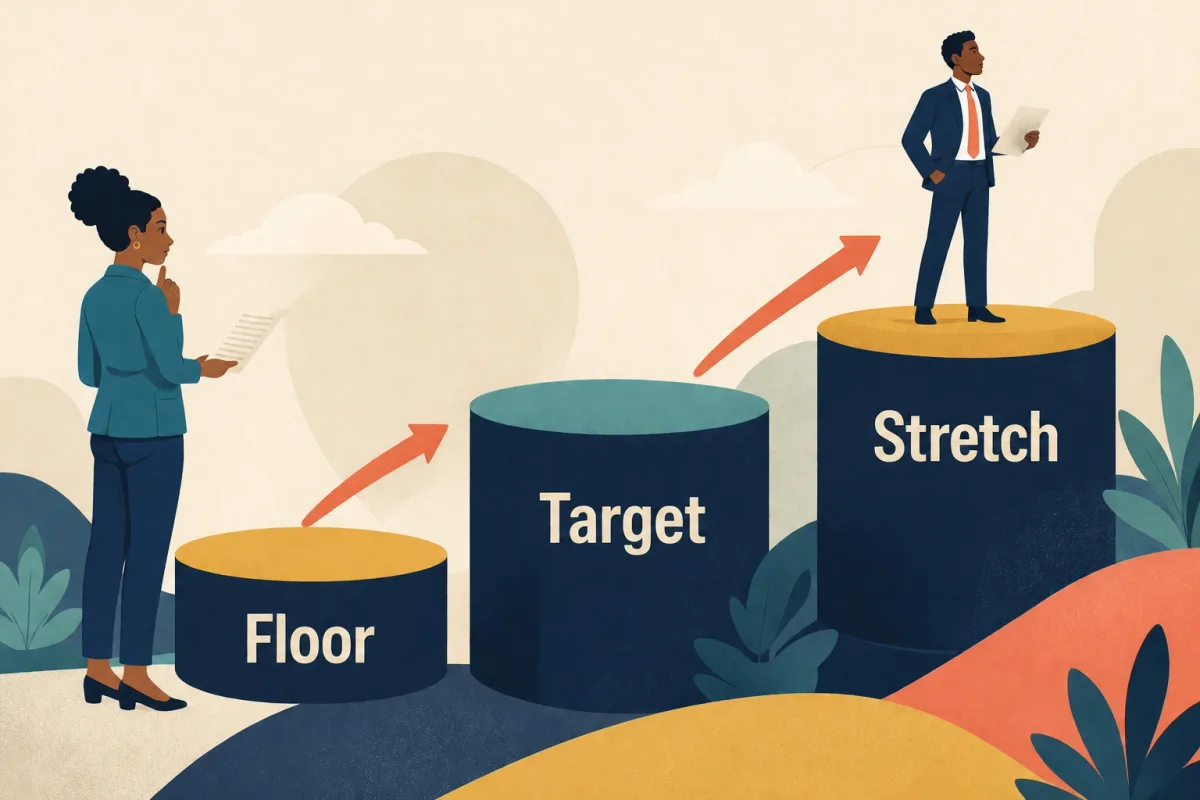 Three ascending markers show the floor, target, and stretch levels of a salary negotiation range.