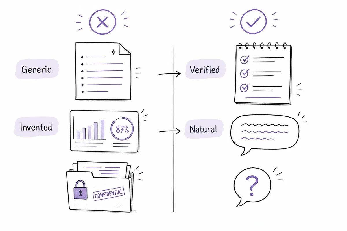 Illustration contrasting generic or invented AI interview answers with verified, natural talking points