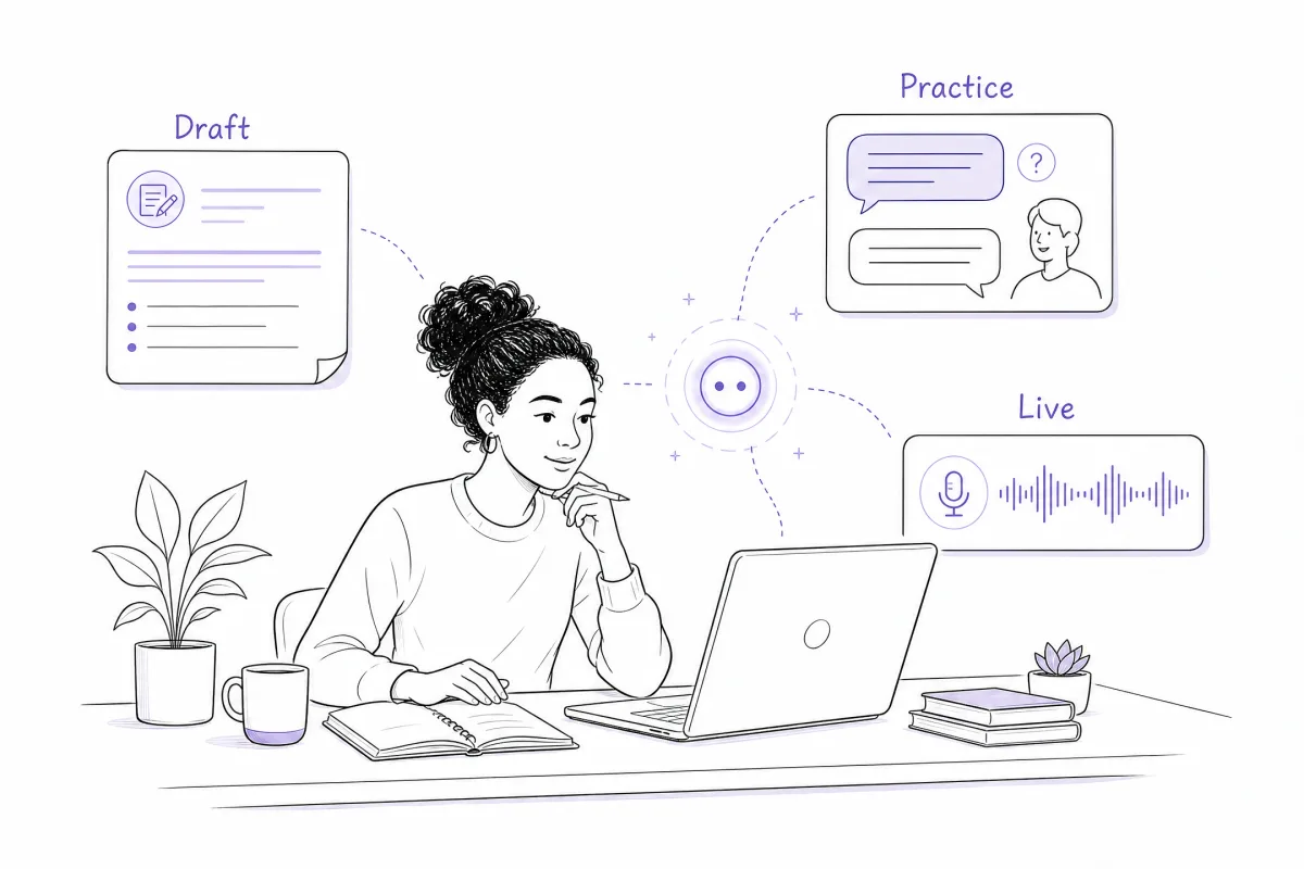 Candidate using AI interview answer tools for drafting, practice, and live support