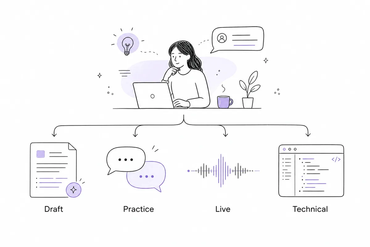 Illustration comparing written answer generation, mock interview practice, live copilot support, and technical interview workflows