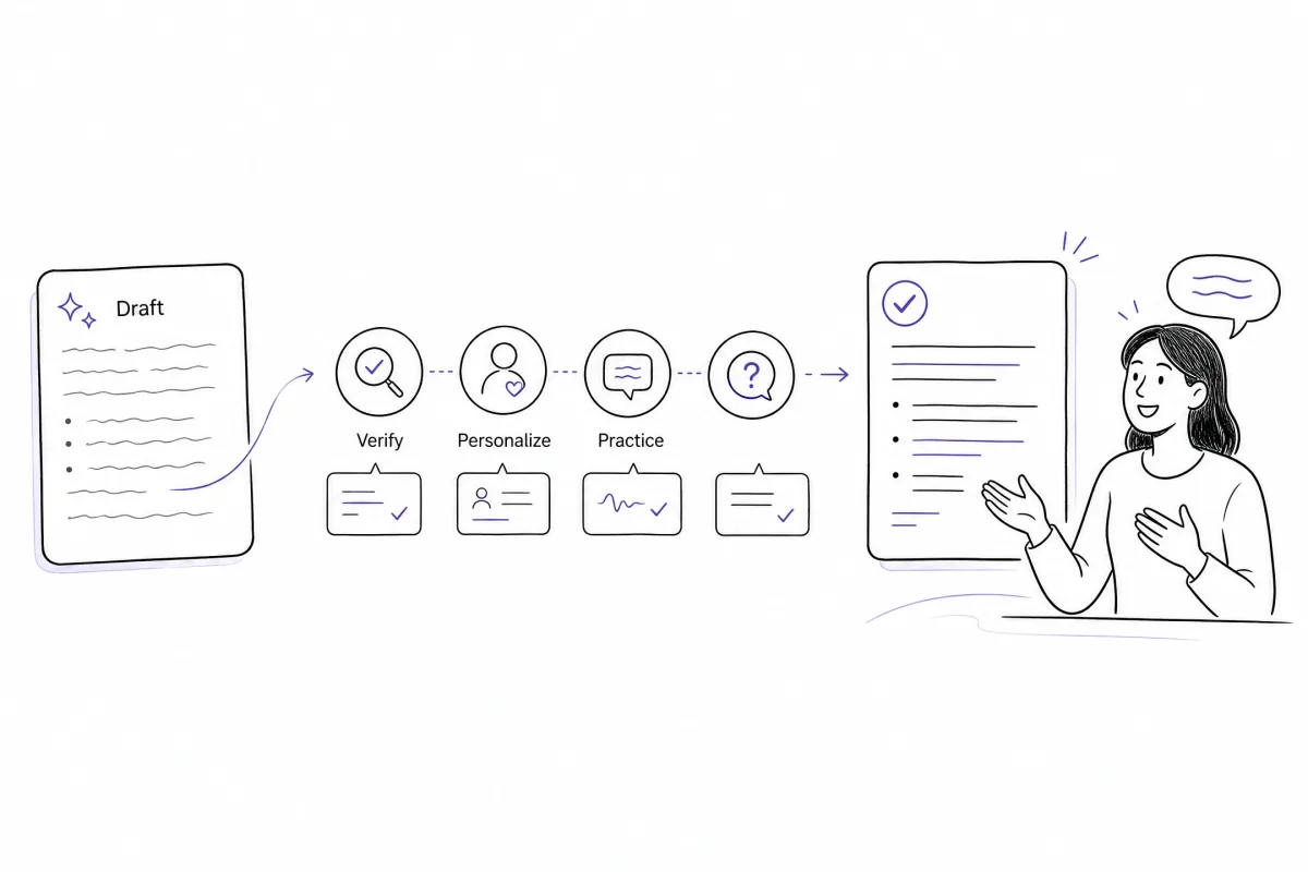 Illustration showing an AI interview draft being verified, personalized, and practiced as a natural answer