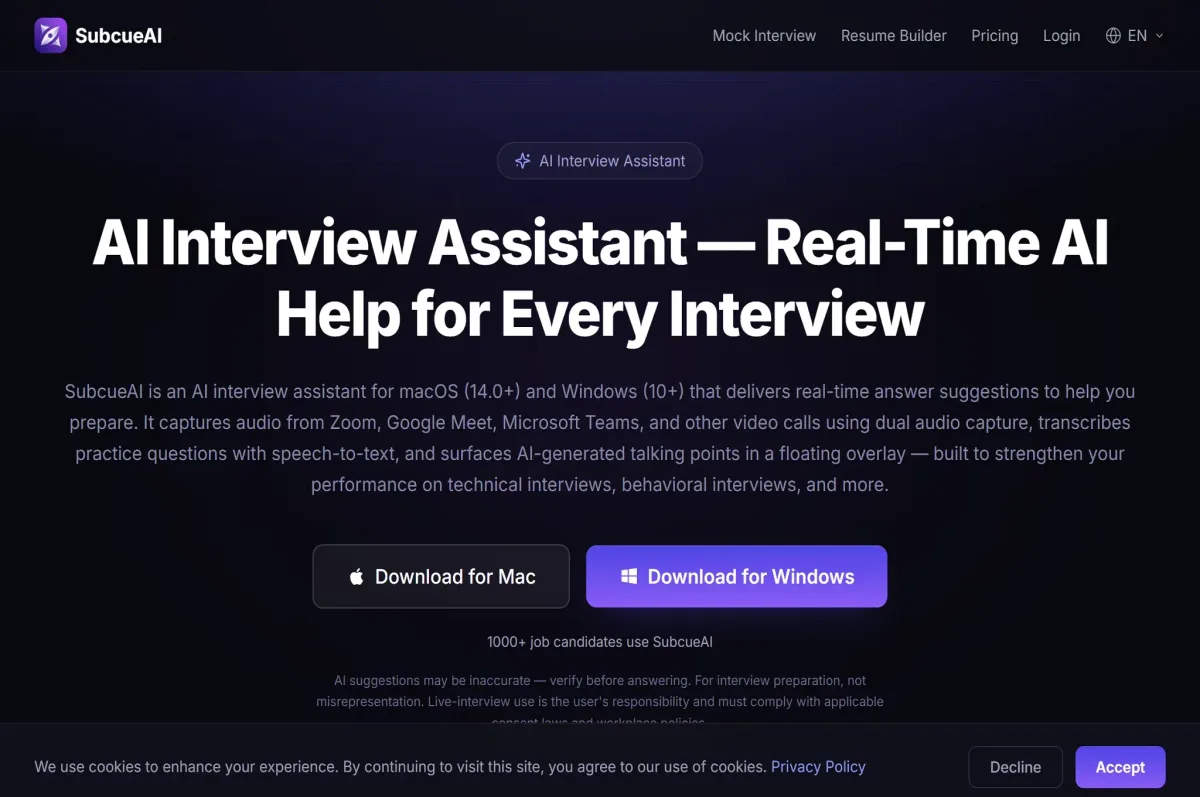 SubcueAI native macOS interview assistant interface