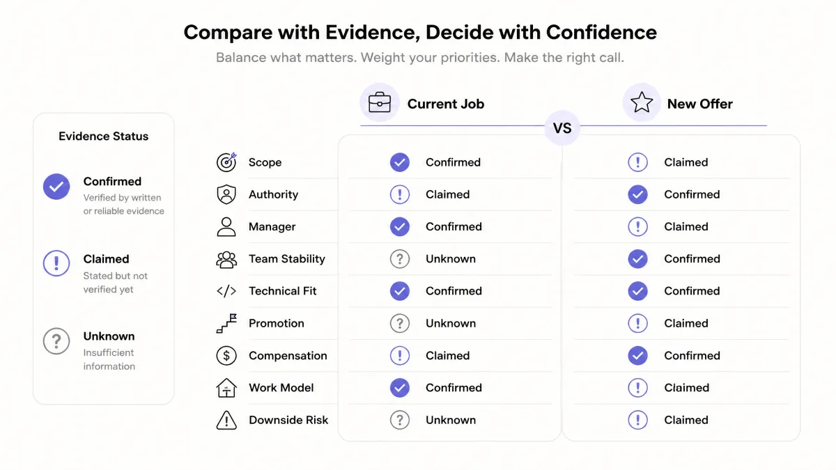 Evidence scorecard comparing the current job with a new offer
