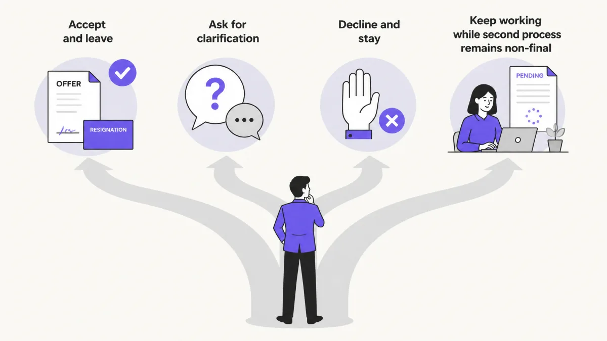 Four decision paths after receiving a better offer shortly after starting a job