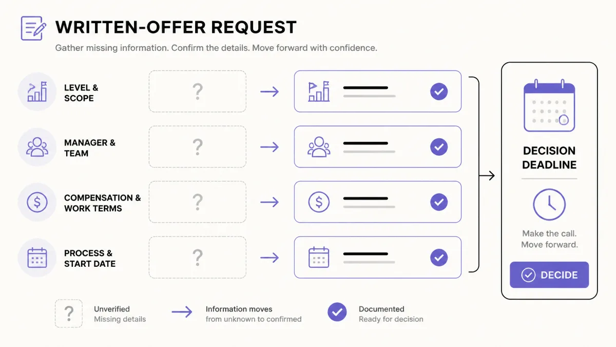 Checklist for confirming missing level, manager, compensation, and start-date details