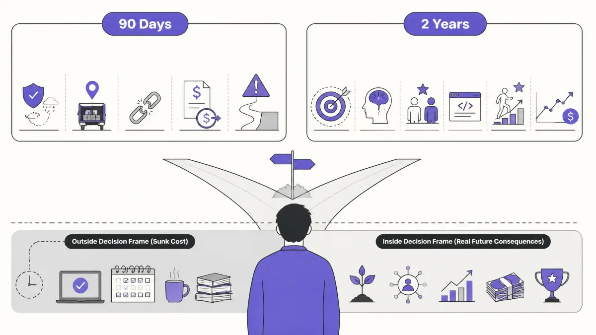 Two-horizon job decision separating short-term risk, long-term value, and sunk costs