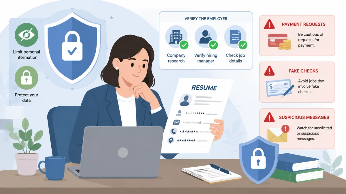 Job seeker protecting privacy and checking an opportunity for job-scam warning signs