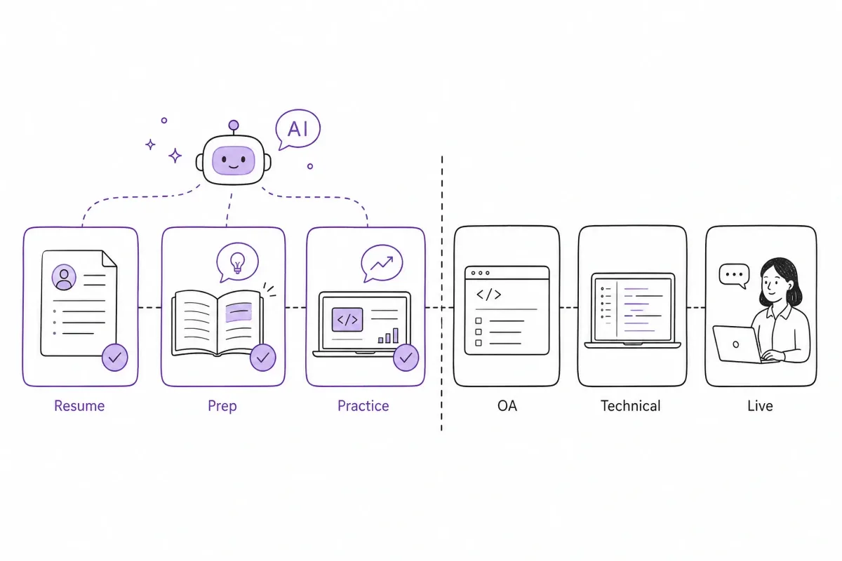 Six-stage illustration showing where AI can help in the Amazon hiring process.