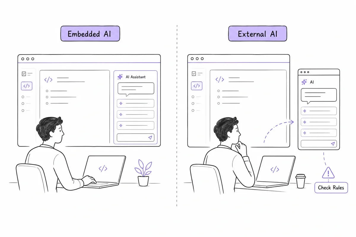 Comparison of an embedded AI assistant in an assessment and an external AI tool.