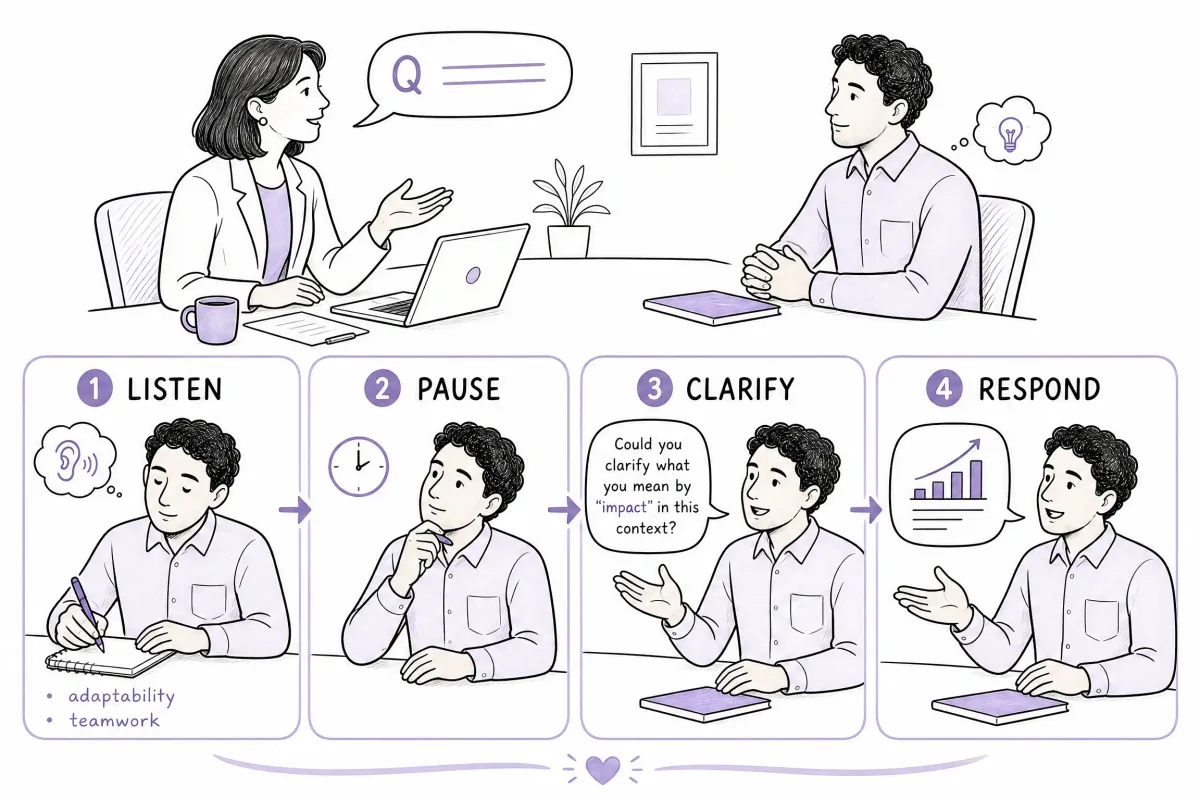 Candidate listening, pausing, clarifying, and responding during a job interview
