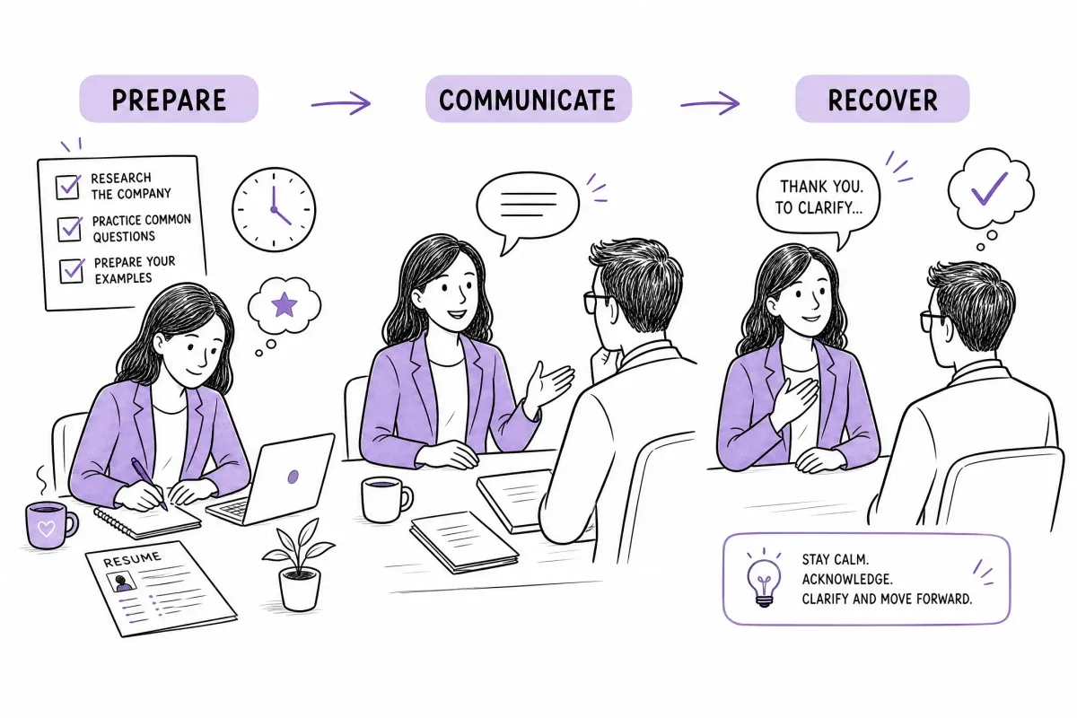 Candidate preparing, communicating, and recovering from common job interview mistakes