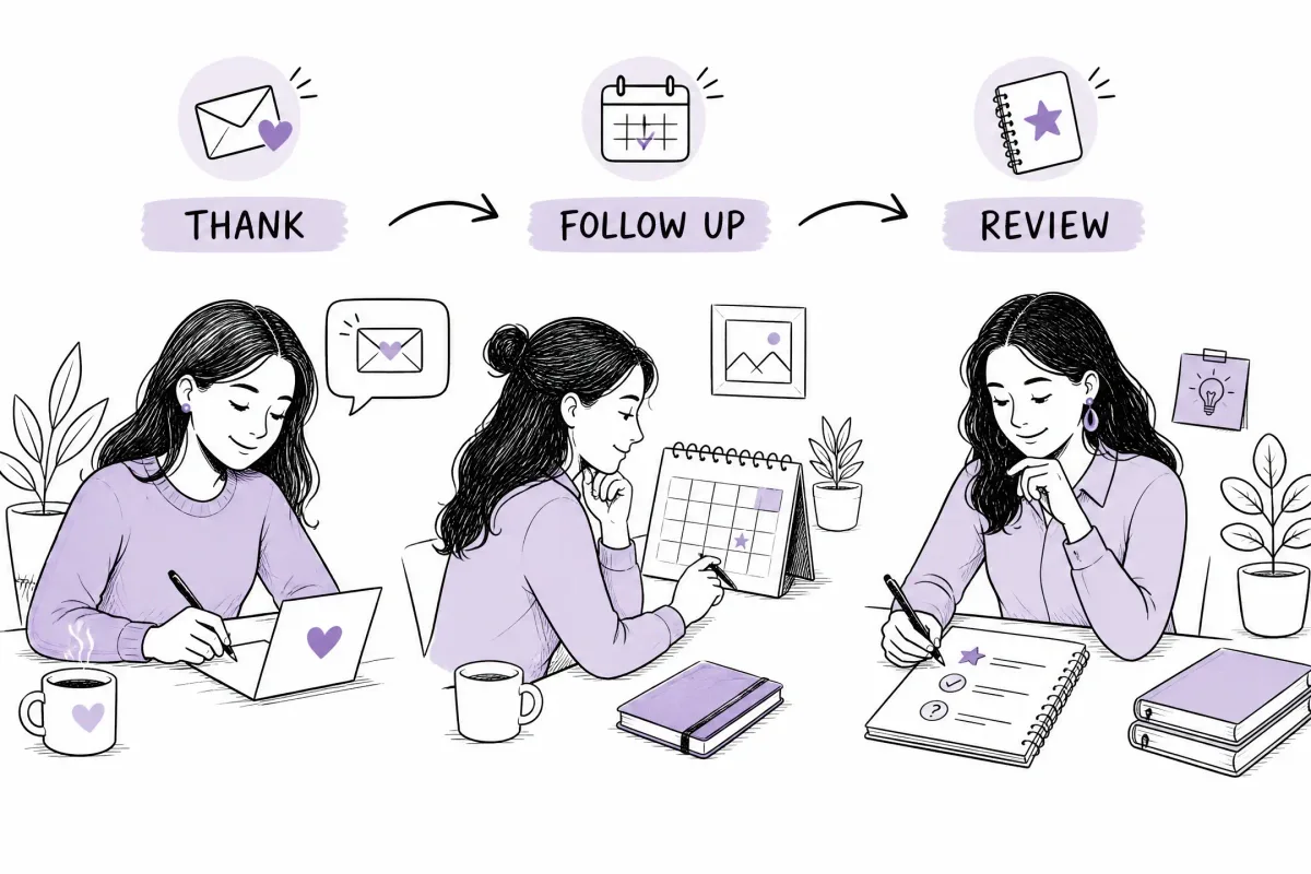 Candidate sending a thank-you, following up, and reviewing a completed job interview