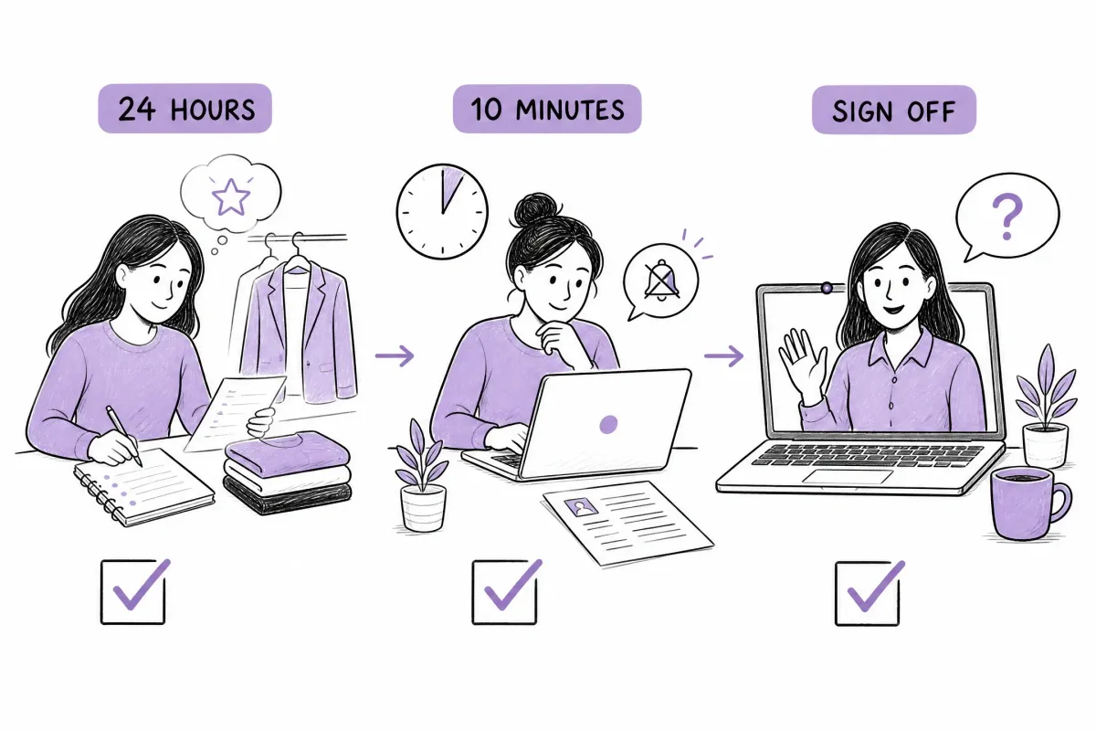 Pre-interview checklist for 24 hours before, 10 minutes before, and signing off