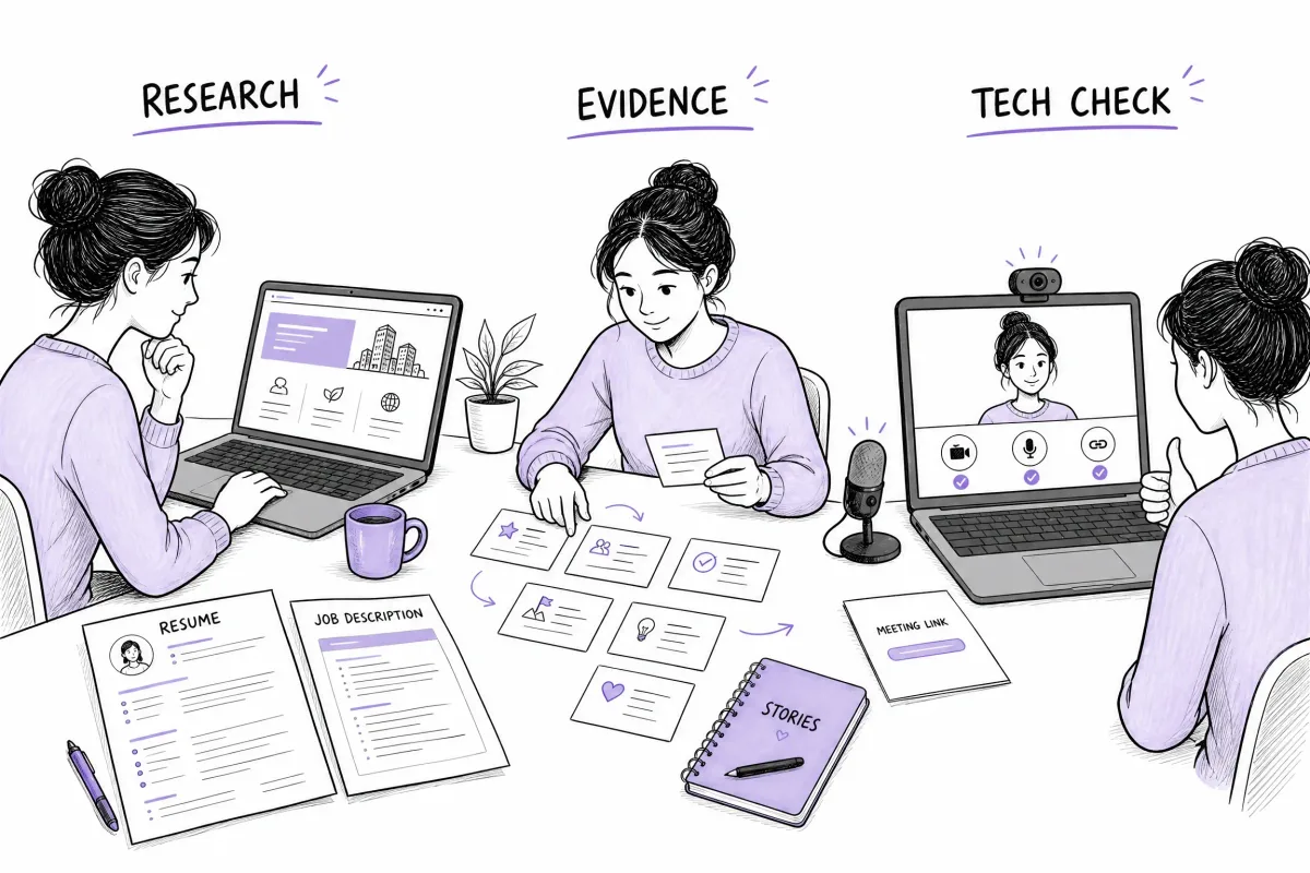 Candidate researching a company, preparing evidence, and checking interview technology