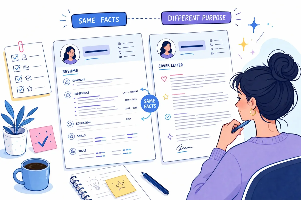 Resume and cover letter aligned in facts while serving different purposes
