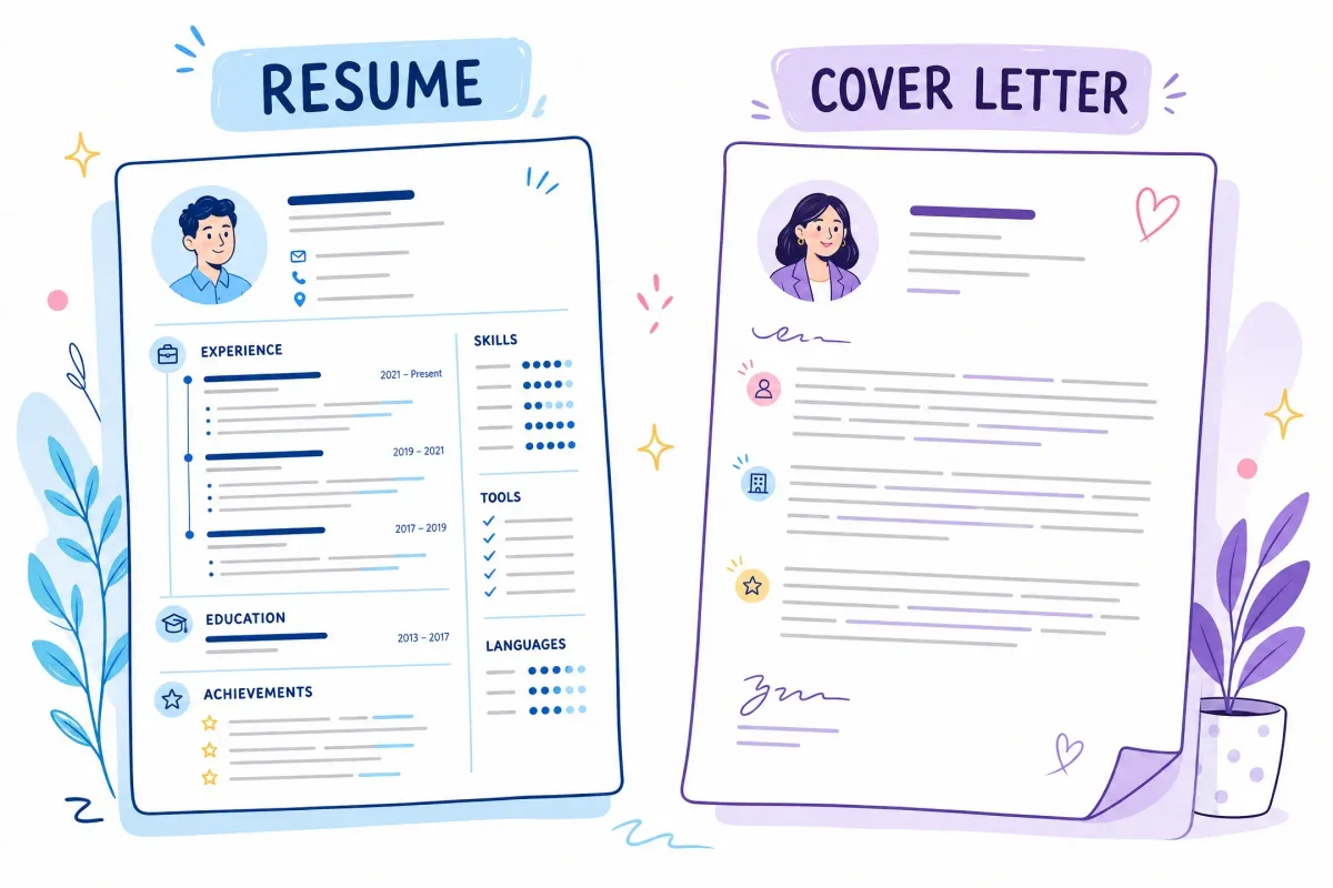 Side-by-side visual comparison of the structure and purpose of a resume and cover letter
