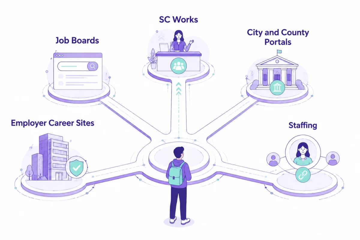 A job seeker compares job boards, SC Works, government portals, employer sites, and staffing agencies.