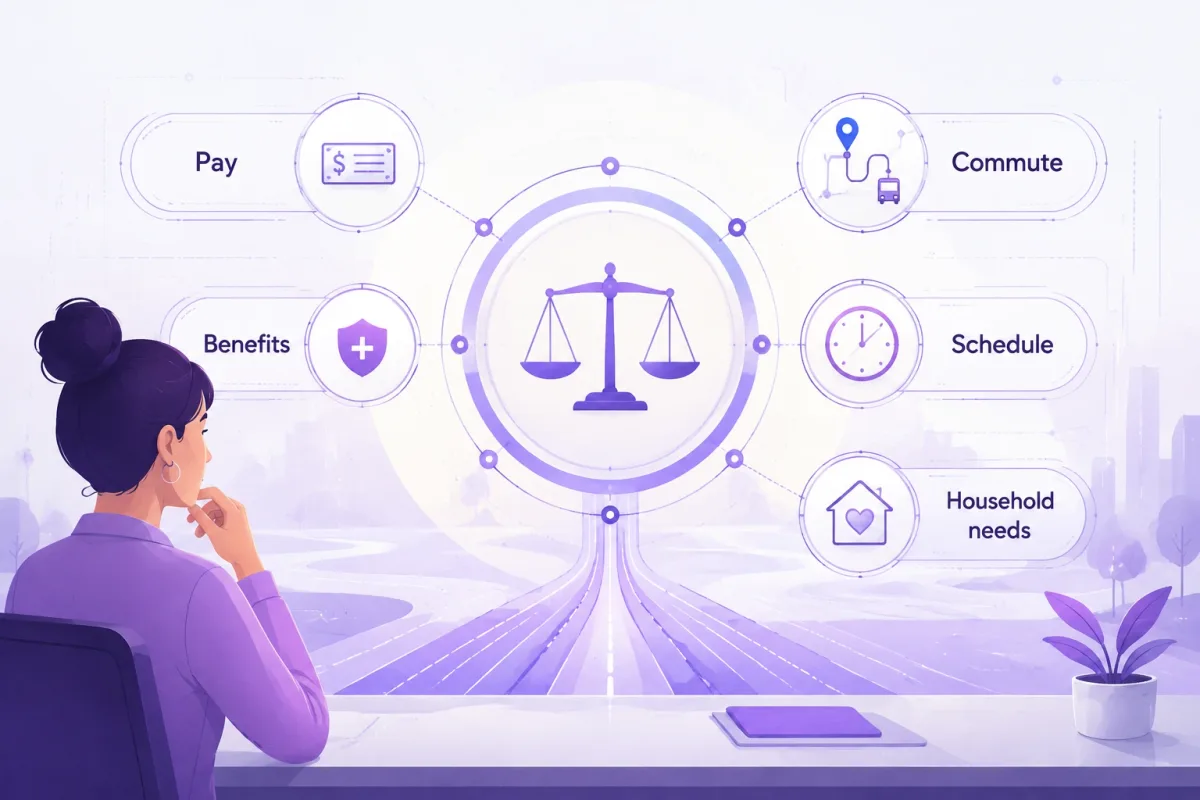 A job seeker evaluates pay, benefits, commute, schedule, and personal needs before applying.