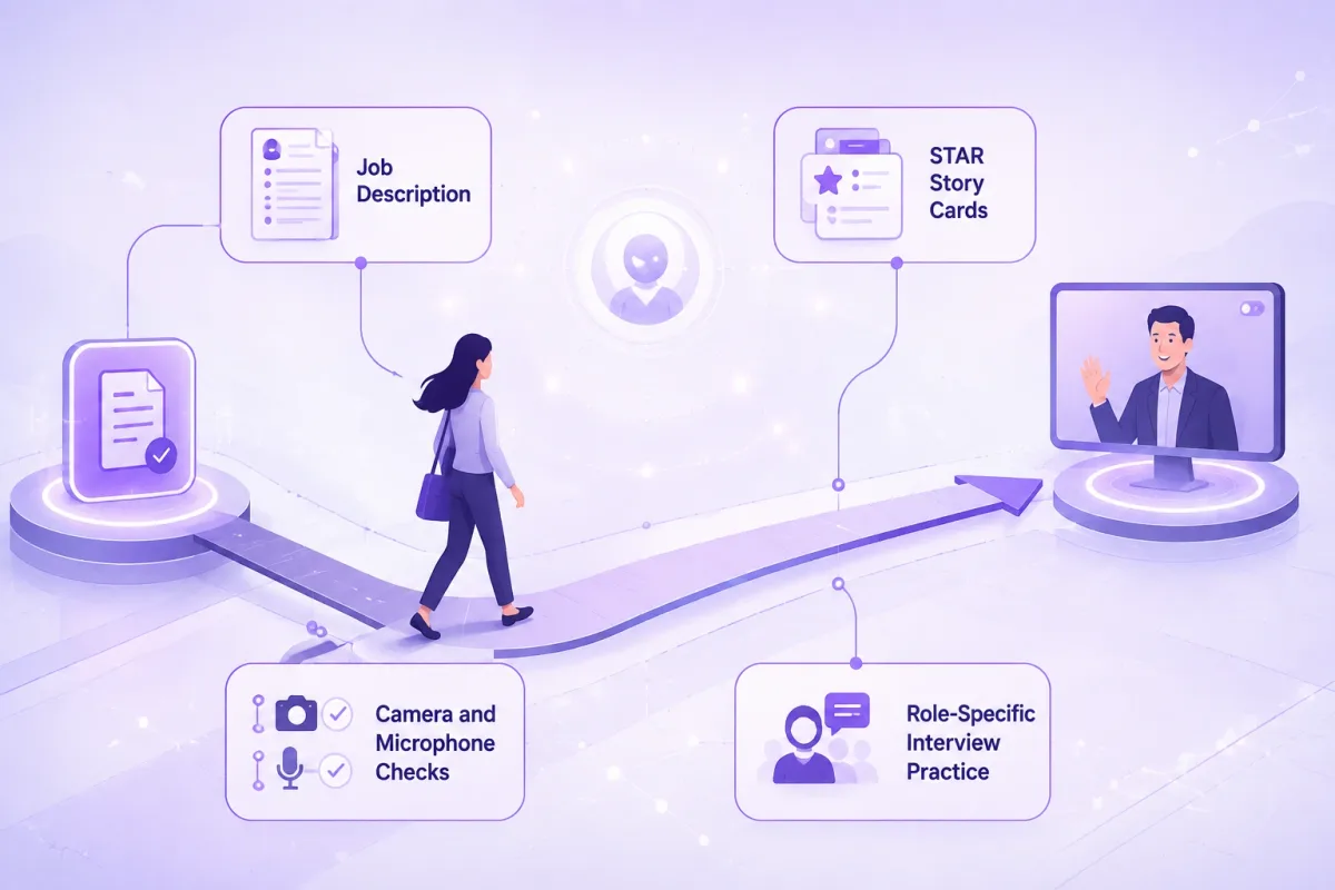 A job seeker prepares job-description examples, STAR stories, technology, and practice for an interview.