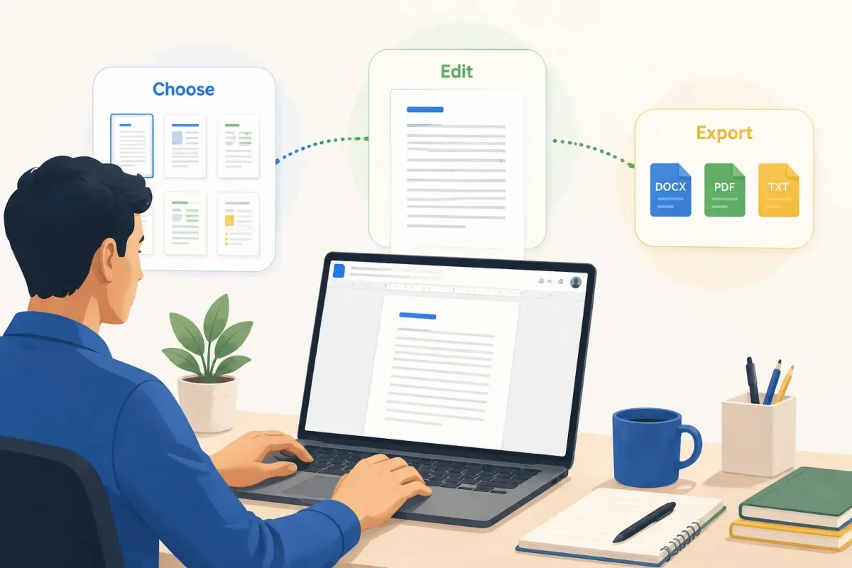 Job seeker choosing, editing, and exporting a Google Docs cover letter template