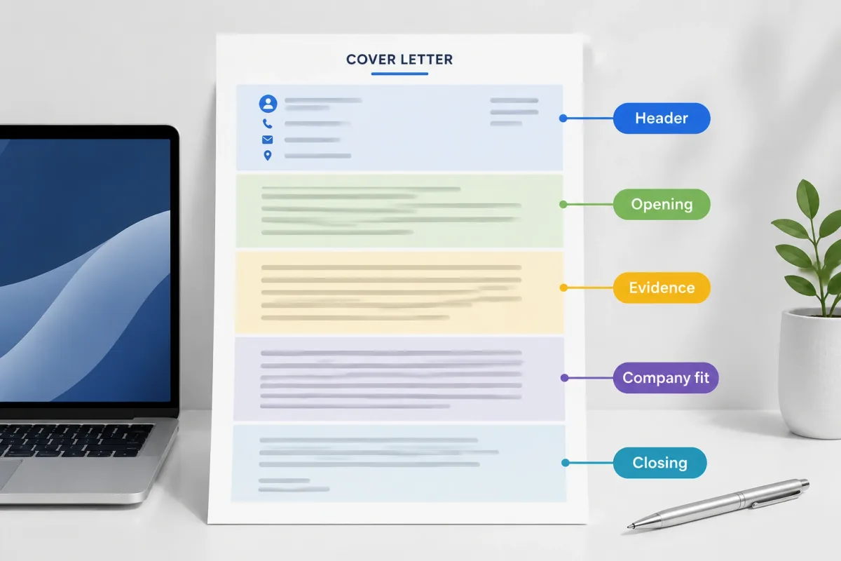 Main sections of a professional cover letter in Google Docs