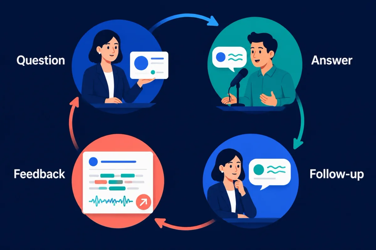 Four-step interview practice cycle moving from a question to an answer, follow-up, and feedback.