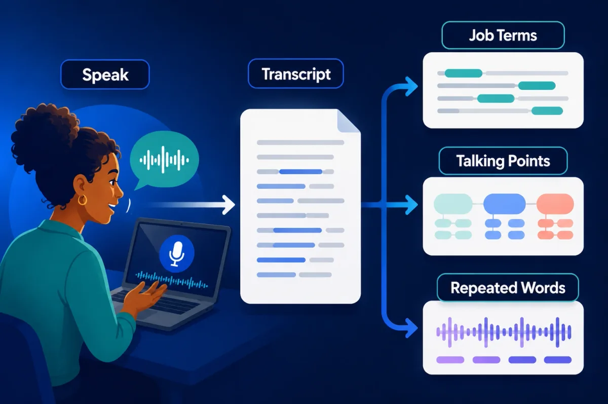 Interview practice flow from a spoken answer to a transcript, job terms, talking points, and repeated-word feedback.