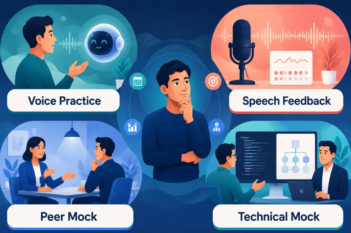 Candidate comparing voice practice, speech feedback, peer mock interviews, and technical mock interviews