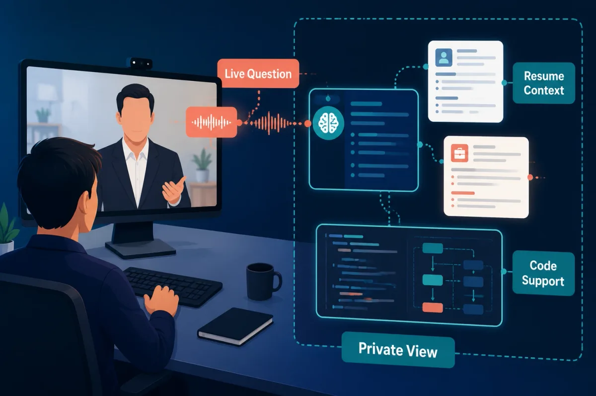 Candidate using a private real-time interview assistant with resume context and coding support during a live video interview.