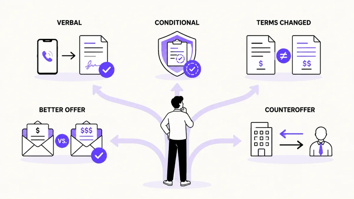 Decision paths for verbal, conditional, changed, competing, and counter job offers