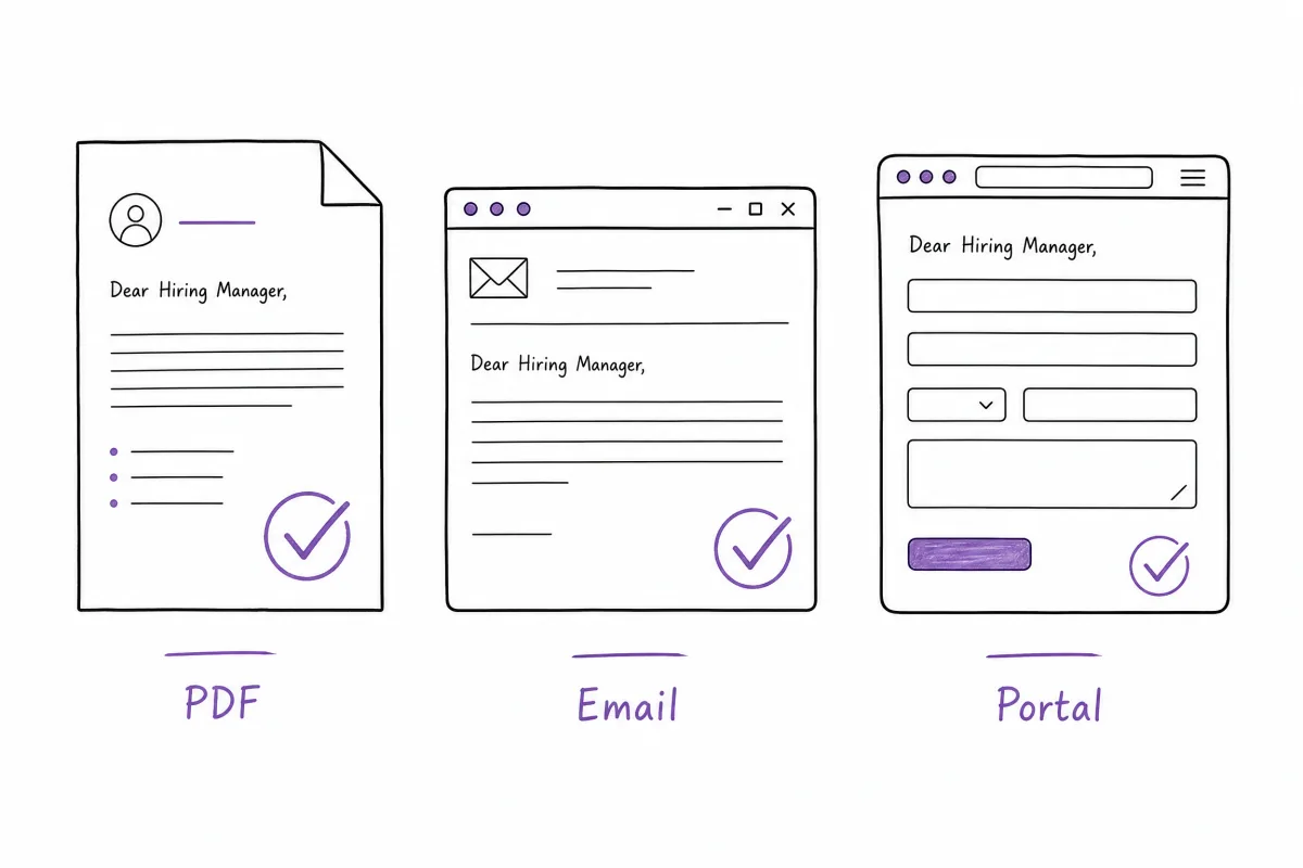 Comparison of cover letter greetings in a PDF attachment, email, and application portal