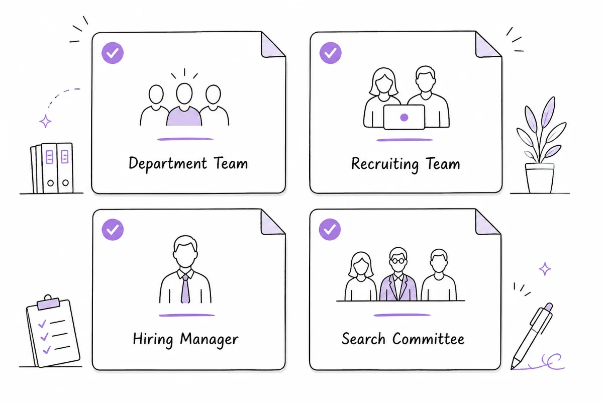 Comparison of department team, recruiting team, hiring manager, and search committee salutations