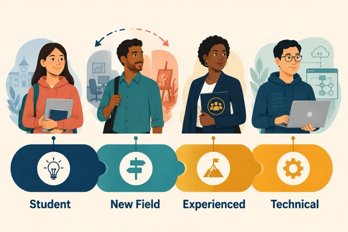 Four candidate backgrounds adapting the same interview-answer structure.