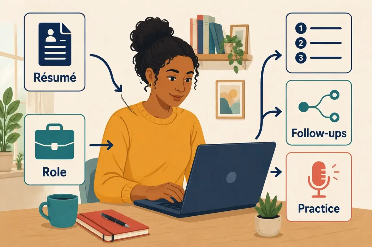 A candidate using résumé and role information to prepare interview outlines and follow-up practice.