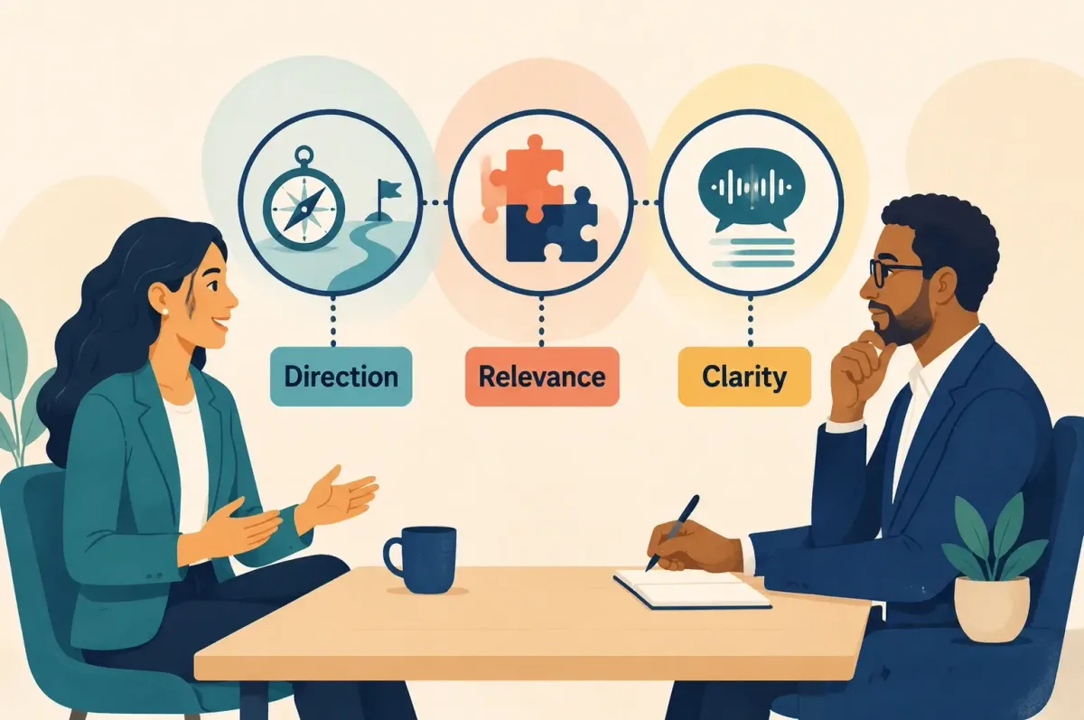 An interviewer evaluating professional direction, relevance and communication clarity.