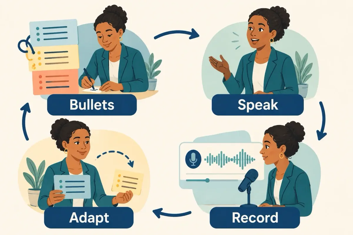 A practice loop using bullet points, speaking, recording and adapting an interview answer.