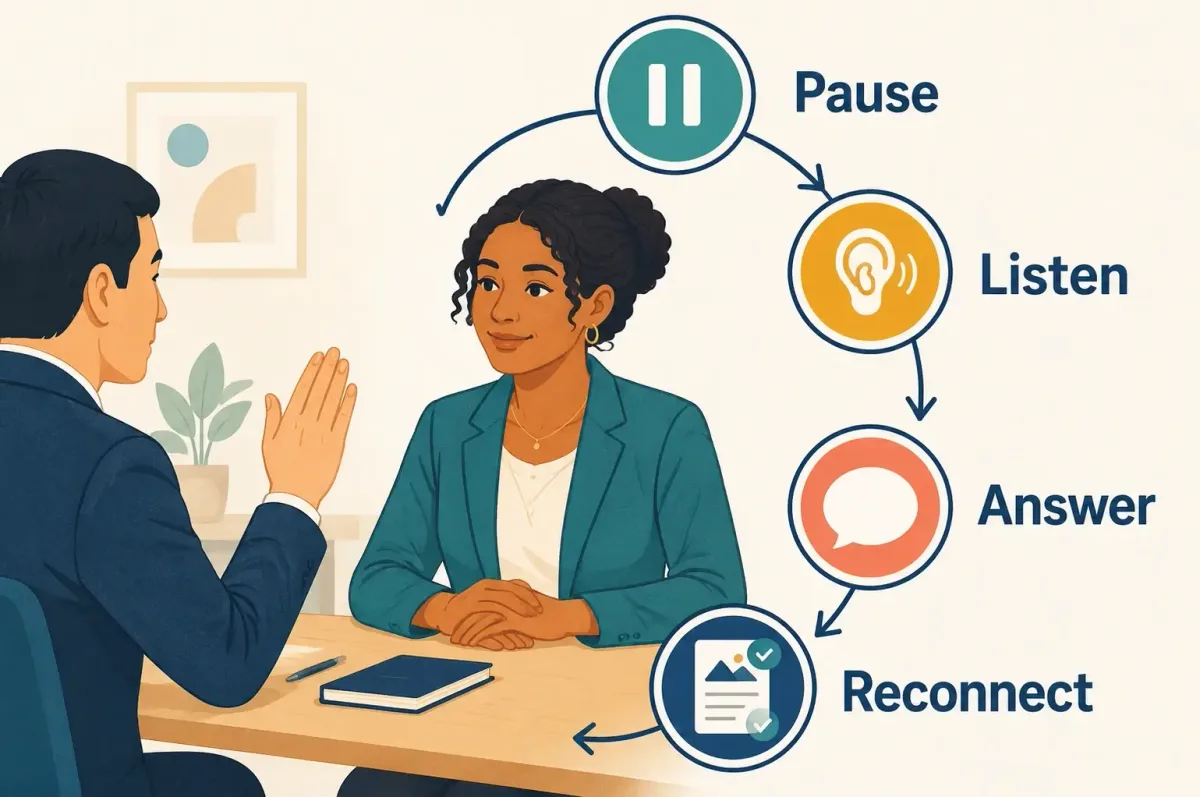 A four-step sequence for pausing, listening, answering and reconnecting after an interview interruption.