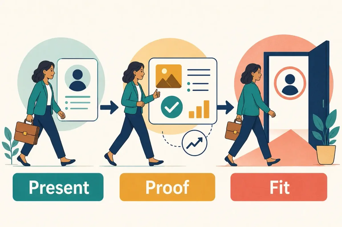 Candidate organizing an interview introduction with the Present, Proof, and Fit framework
