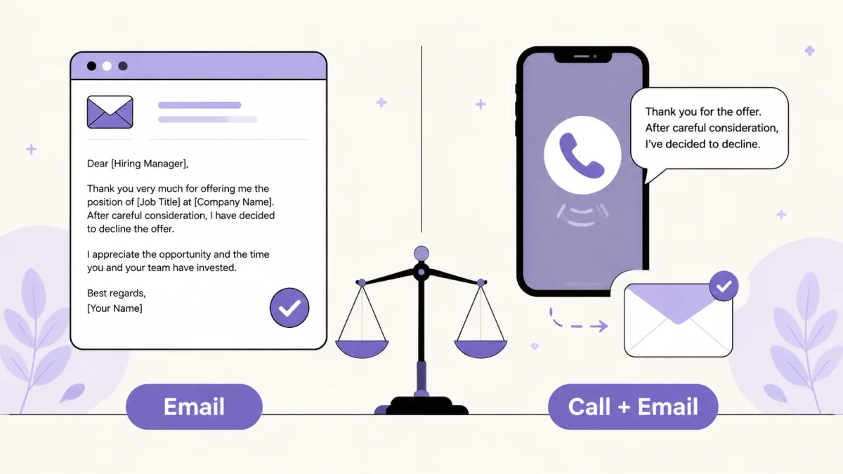 Comparison of declining a job offer by email versus a short call followed by email confirmation