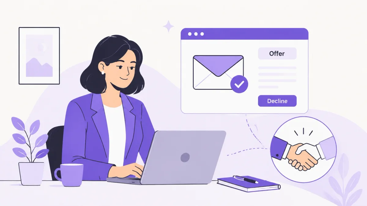 Professional calmly sending a polite job offer decline email from a laptop