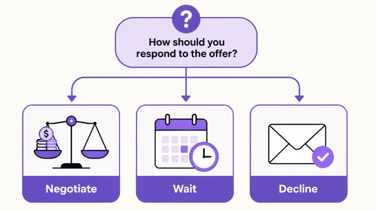Decision flowchart showing when to negotiate, ask for more time, or decline a job offer