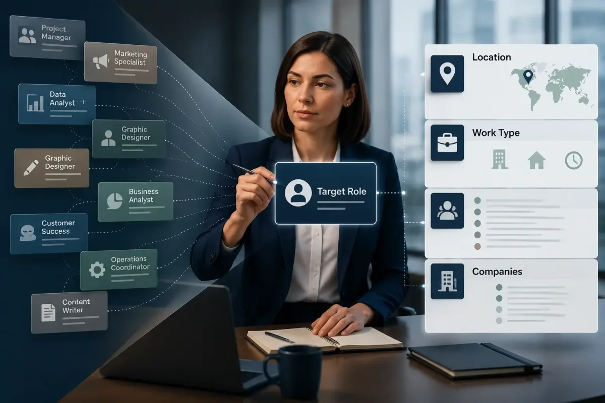 Job seeker defining a target role, location, work type, and company list before searching