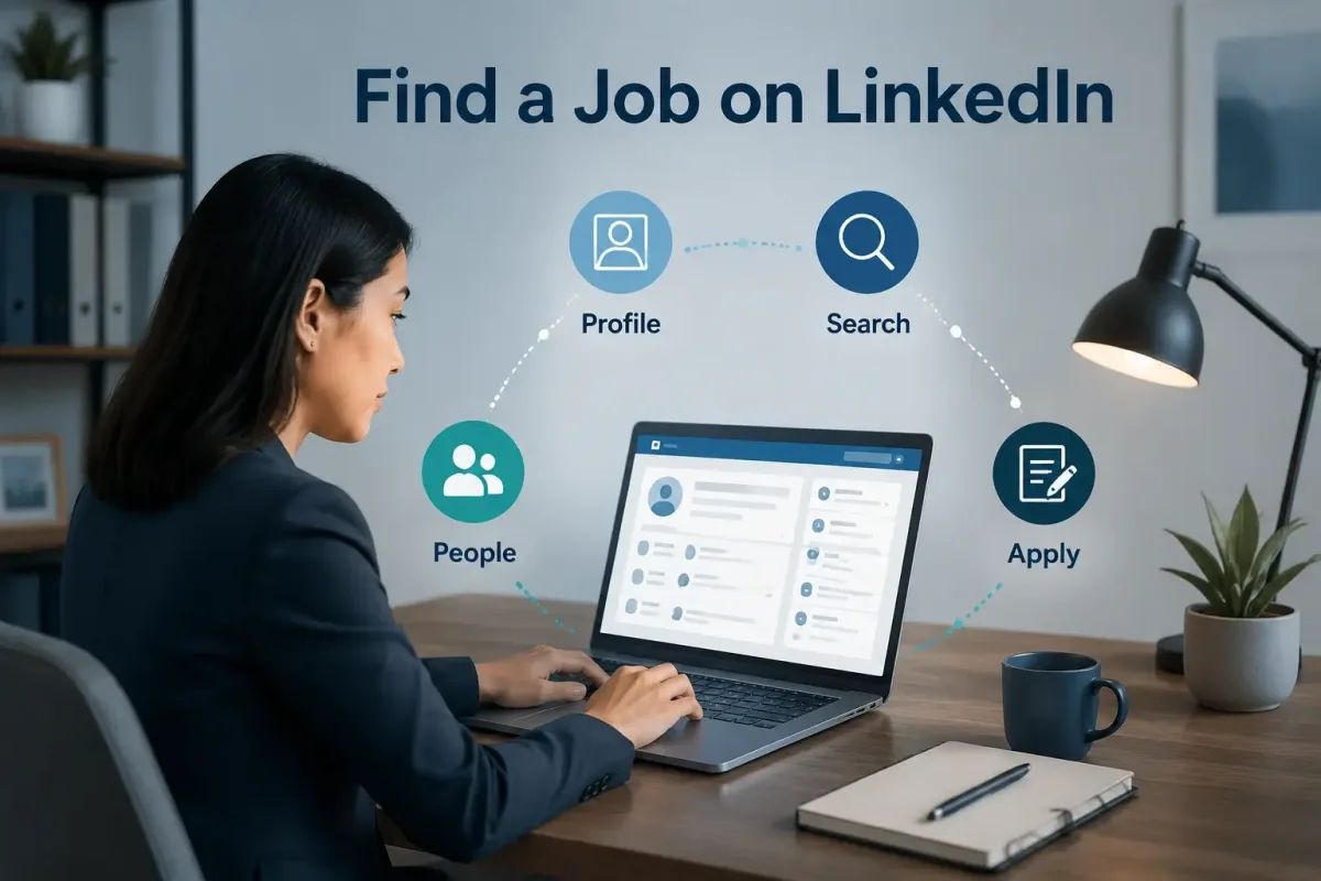 Job seeker using LinkedIn to optimize a profile, search for jobs, contact people, and apply