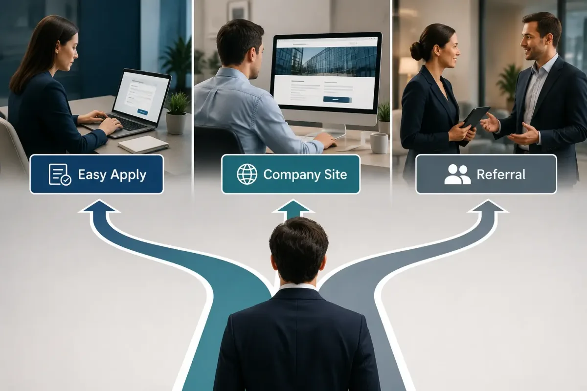 Comparison of Easy Apply, company website, and referral application channels