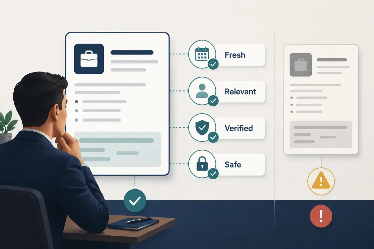 Job quality checklist covering recency, relevance, verification, and safety