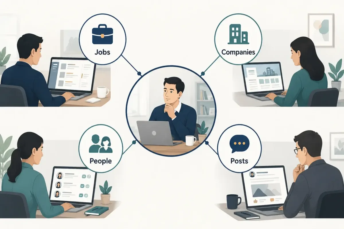 Four ways to discover LinkedIn opportunities through jobs, companies, people, and posts