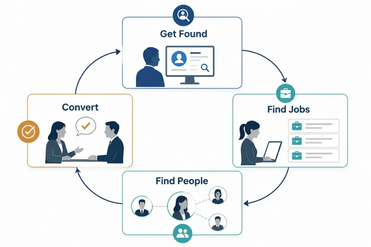 Four-channel LinkedIn job search system covering visibility, jobs, people, and conversion