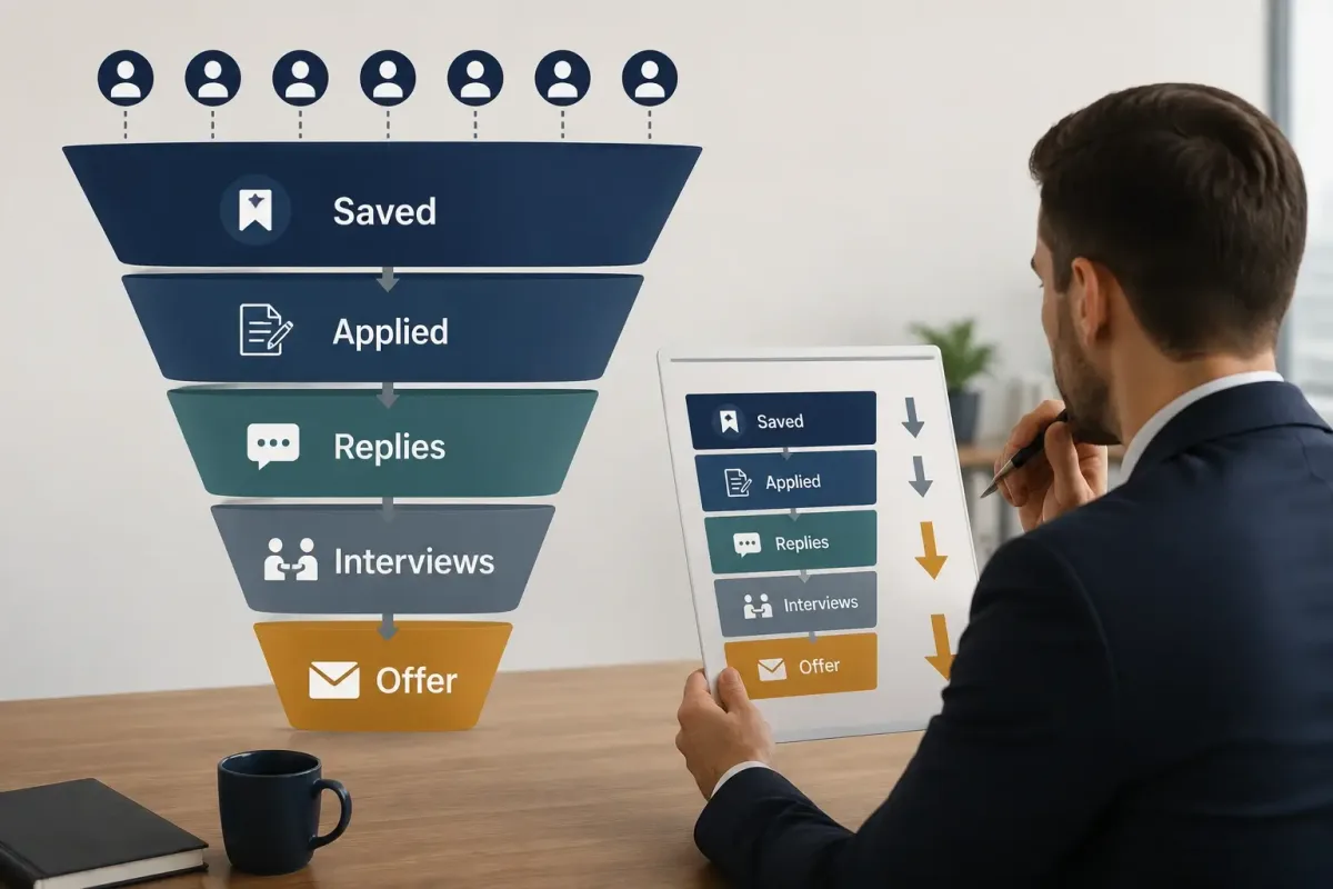 LinkedIn job search funnel from saved jobs and applications to interviews and an offer