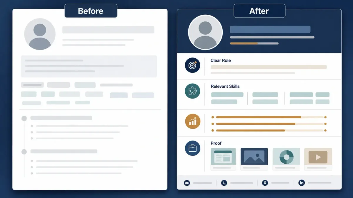 Before-and-after comparison of a vague and recruiter-optimized LinkedIn profile