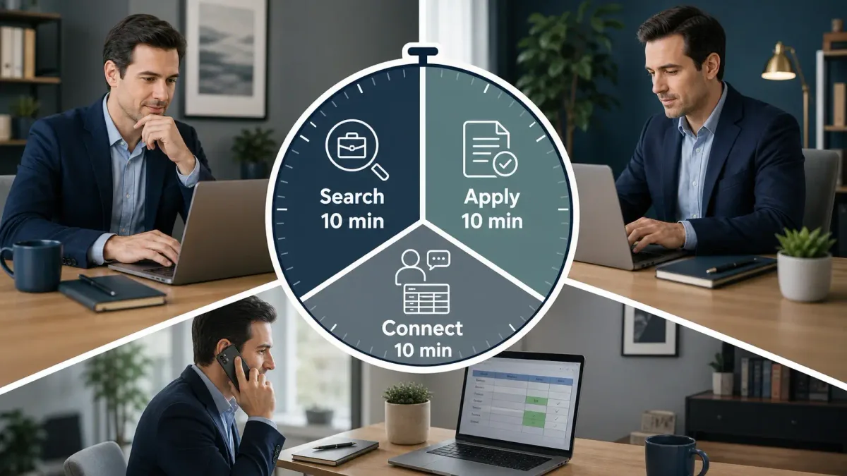 Thirty-minute LinkedIn job search routine divided into search, apply, and connect tasks